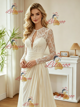 Ivory Long Sleeve Lace Pleats Wedding Dress