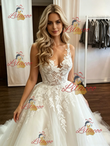 White Tulle Straps Appliques Wedding Dress