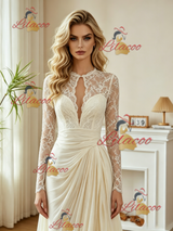 Ivory Long Sleeve Lace Pleats Wedding Dress
