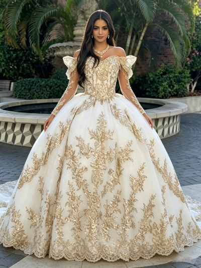 White Tulle Off the Shoulder Appliques Quinceanera Dress