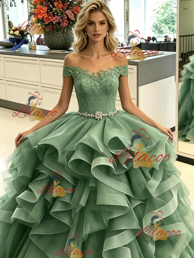 Green Tulle Off the Lace Prom Dress