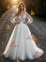 White Tulle Lace V-neck Long Sleeve Wedding Dress