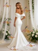 Beige White Satin Mermaid Off the Shoulder Bow Wedding Dress