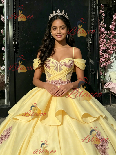 Yellow Tulle Sapghetti Straps Appliques Quinceanera Dress