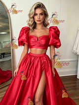 Red Satin Two Piece Puff Sleeve Prom Dress