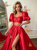 Red Satin Two Piece Puff Sleeve Prom Dress