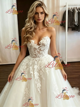 White Tulle Strapless Appliques Wedding Dress
