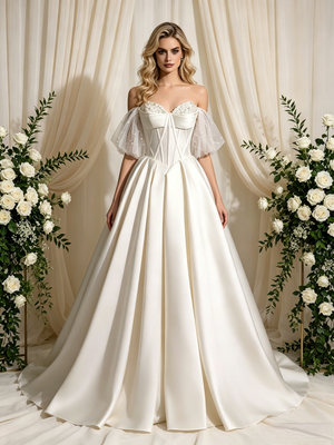 Ivory Satin Strapless Beading Wedding Dress