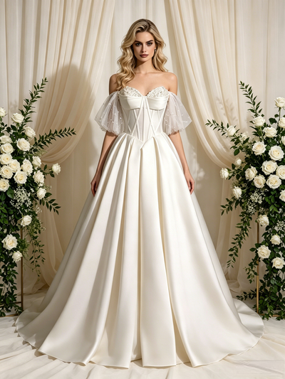 Ivory Satin Strapless Beading Wedding Dress