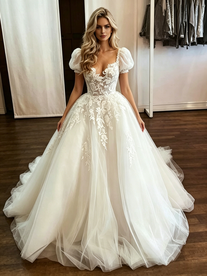 White Tulle Lace Appliques Strapless Wedding Dress