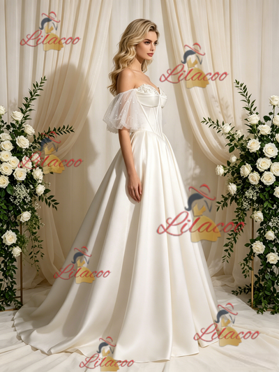 Ivory Satin Strapless Beading Wedding Dress