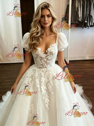White Tulle Lace Appliques Strapless Wedding Dress