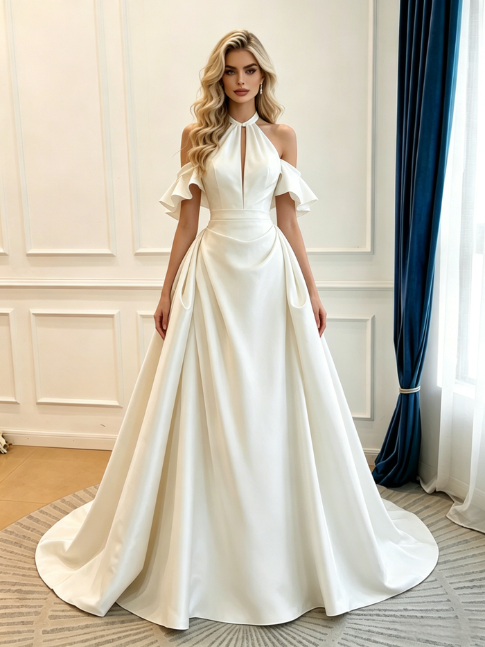 Ivory Satin Halter Pleats Wedding Dress