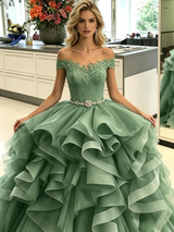Green Tulle Off the Lace Prom Dress