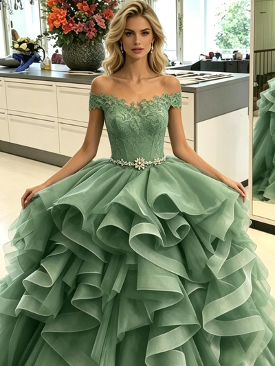 Green Tulle Off the Lace Prom Dress