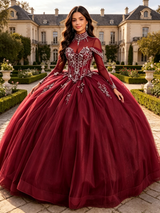 Burgundy Long Sleeve High Neck Beading Quinceanera Dress