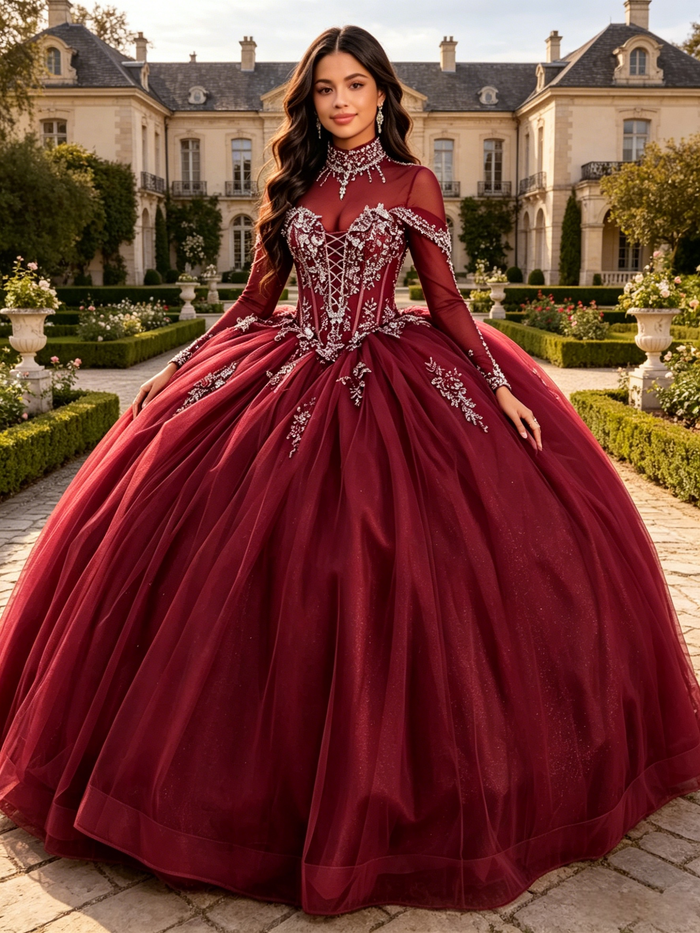 Burgundy Long Sleeve High Neck Beading Quinceanera Dress
