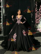 Black Tulle Long Sleeve Appliques Quinceanera Dress