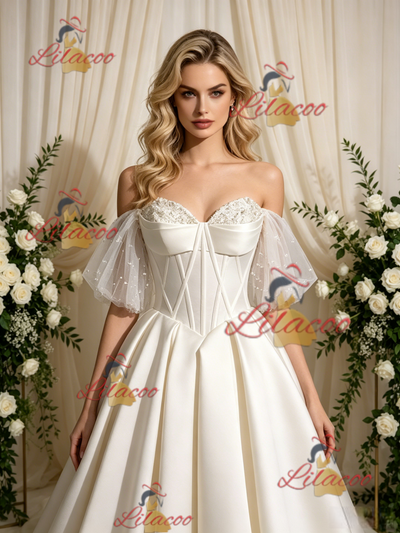 Ivory Satin Strapless Beading Wedding Dress