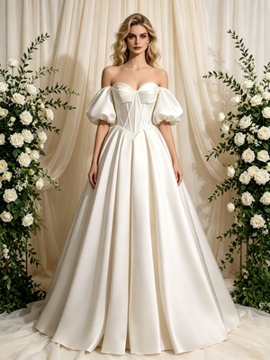 Ivory Satin Puff Sleeve Wedding Dress