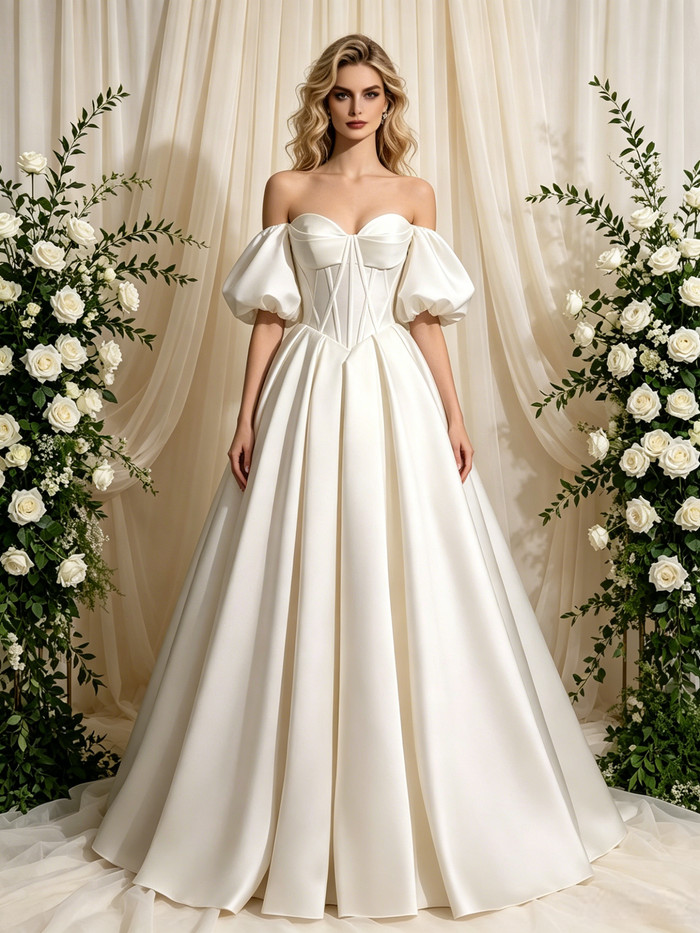 Ivory Satin Puff Sleeve Wedding Dress