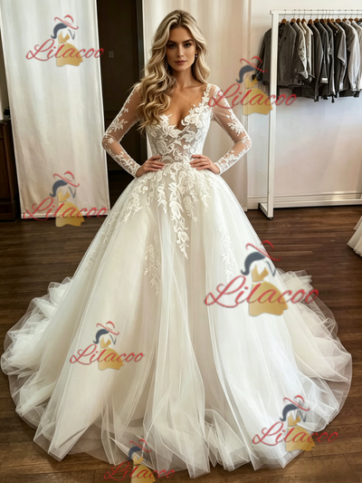 White Tulle Appliques Long Sleeve Wedding Dress