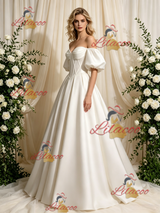 Ivory Satin Puff Sleeve Wedding Dress