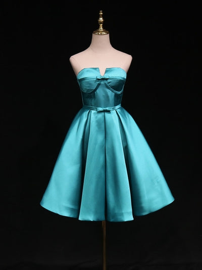 A-Line Blue Satin Strapless Homecoming Dress
