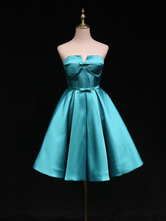 A-Line Blue Satin Strapless Homecoming Dress