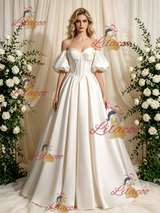 Ivory Satin Puff Sleeve Wedding Dress