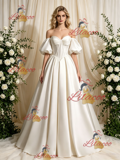 Ivory Satin Puff Sleeve Wedding Dress
