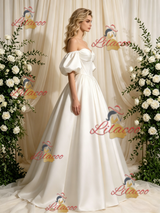 Ivory Satin Puff Sleeve Wedding Dress
