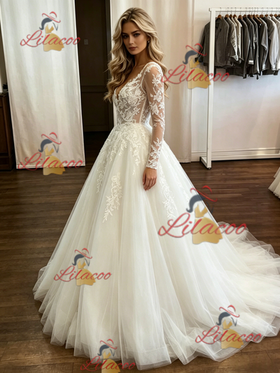 White Tulle Appliques Long Sleeve Wedding Dress