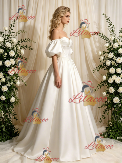 Ivory Satin Puff Sleeve Wedding Dress