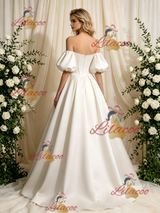 Ivory Satin Puff Sleeve Wedding Dress
