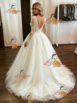 White Tulle Appliques Long Sleeve Wedding Dress