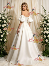 Ivory Satin Puff Sleeve Wedding Dress