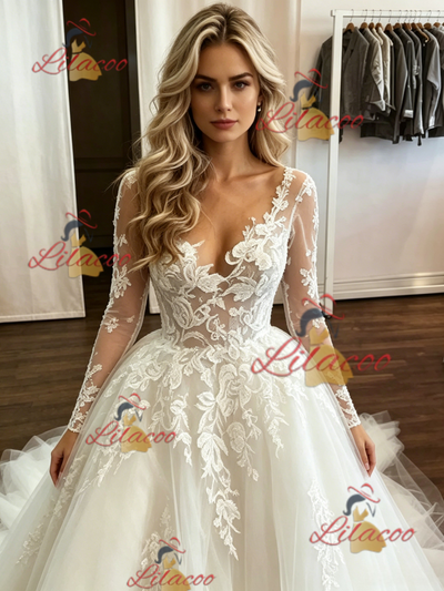 White Tulle Appliques Long Sleeve Wedding Dress