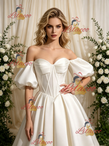 Ivory Satin Puff Sleeve Wedding Dress