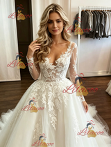 White Tulle Appliques Long Sleeve Wedding Dress