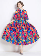 Nail Bead Printed Pleated Pearl Pleated Dress