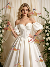 Ivory Satin Puff Sleeve Wedding Dress