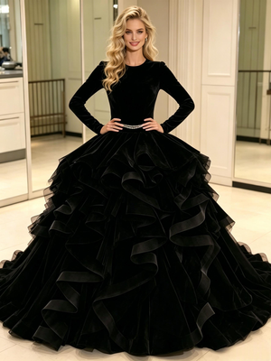 Black Tulle Velvet Long Sleeve Prom Dress