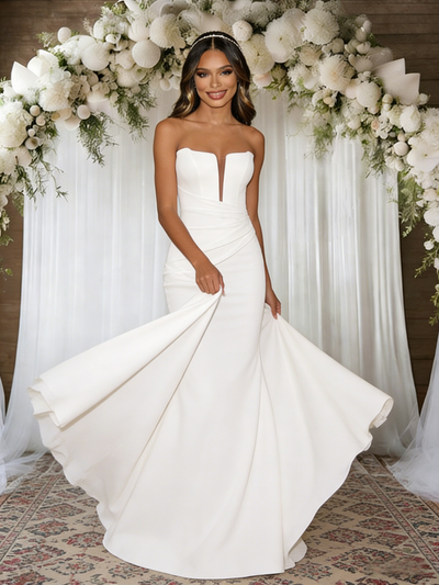 White Mermaid Strapless Pleats Wedding Dress