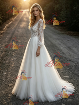 White Tulle Lace V-neck Long Sleeve Wedding Dress