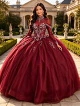 Burgundy Long Sleeve High Neck Beading Quinceanera Dress