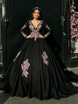 Black Tulle Long Sleeve Appliques Quinceanera Dress