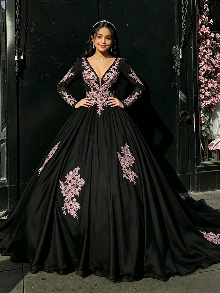 Black Tulle Long Sleeve Appliques Quinceanera Dress