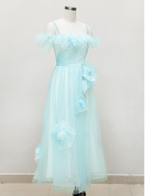 Light Blue Tulle Straps Flower Prom Dress