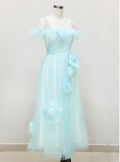 Light Blue Tulle Straps Flower Prom Dress